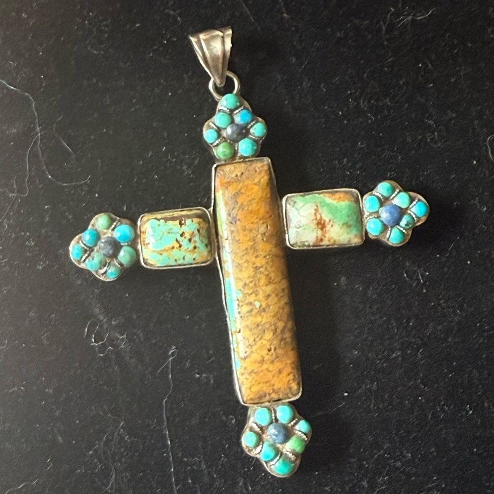 Mexican Silver .925 Turquoise and Brown Cross Pendant Necklace Lrg. Sz 3.5 X 3